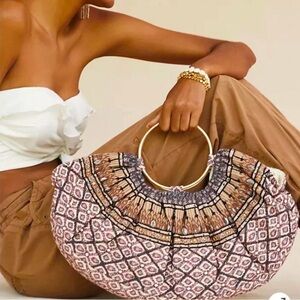 Anthropologie Boho Pink Tan Patterned Ring-Handle NWOT Tote Bag with long strap
